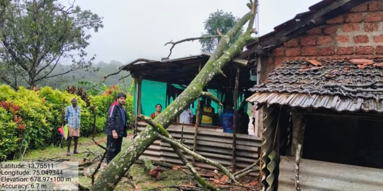 ಅಂಡಗೋದೂರು| ಗಾಳಿ-ಮಳೆಗೆ ಮರದ ಬಿದ್ದು ಮನೆಗೆ ಬಾರೀ ಹಾನಿ